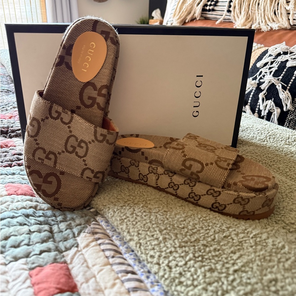 Beige and Brown GG Monogram Slides